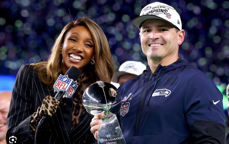 Maria Taylor presenting the Vince Lombardi Trophy to Seattle Seahawks head coach Mike Macdonald after Super Bowl LX